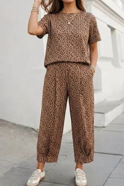 Aapparella Leopard Top Drawstring Waist Barrel Pants Set In Brown