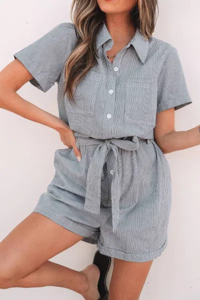 Aapparella Pinstripe Collared Belted Romper In Grey In Blue