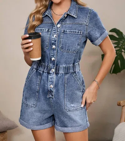 Aapparella Short Sleeve Denim Button Front Romper In Blue