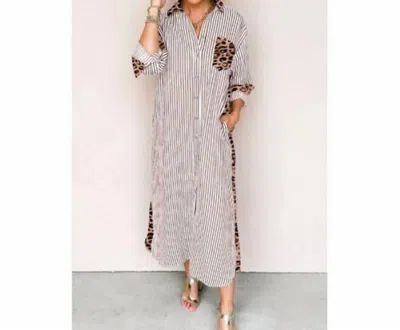 Aapparella Stripe Leopard Patchwork Maxi Shirt Dress In Brown In Multi
