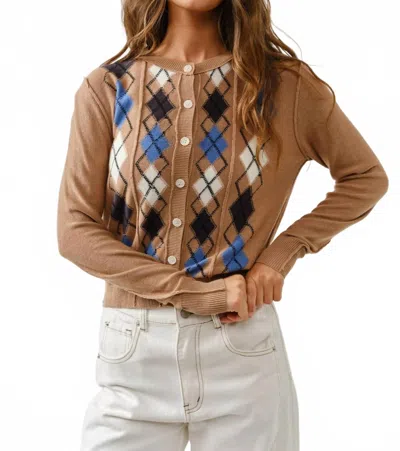 Aaron & Amber Allie Relaxed Fit Argyle Sweater Cardigan In Taupe In Multi