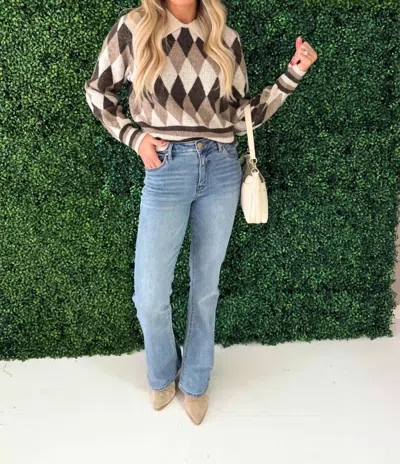 Aaron & Amber Argyle Pattern Collar Sweater Top In Brown Combo In Multi