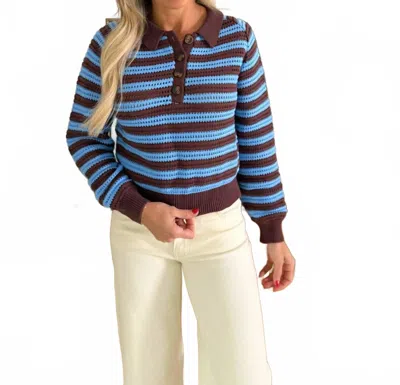 Aaron & Amber Bohemian Style Half Button Polo Striped Sweater In Brown/blue In Multi
