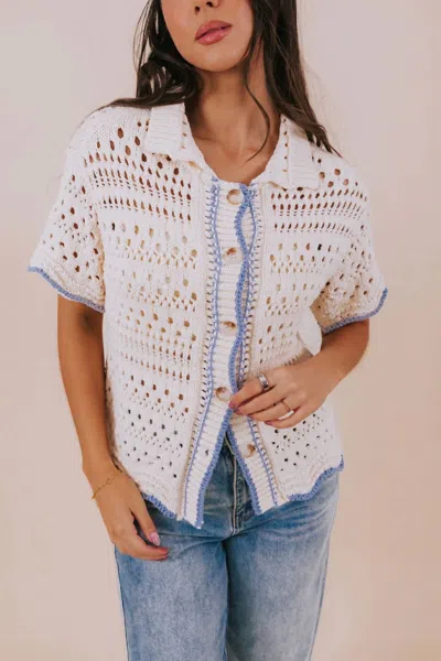Aaron & Amber Button Down Wave Trim Collared Sweater In Cream In White