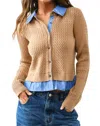 Aaron & Amber Cable Mixed Media Cardigan In Camel/blue In Multi