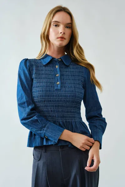 Aaron & Amber Charm Peplum Blouse In Denim In Blue
