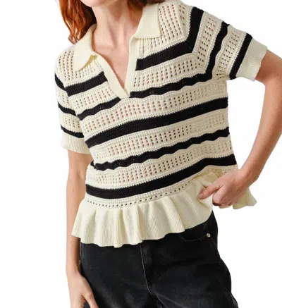 Aaron & Amber Clarke Open Knit Ruffle Hem Stripe Sweater In Black