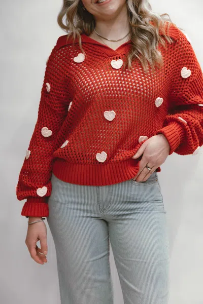 Aaron & Amber Crochet Heart Embellishment Sweater In Red