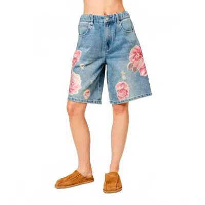 Aaron & Amber Delilah Flower Patch Denim Bermudas In Blue In Multi