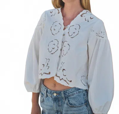 Aaron & Amber Denim Embroidey Volume Sleeve Blouse Top In Off White