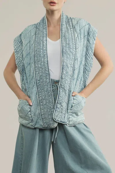 Aaron & Amber Denim Quilted Vest In Light Wash Indigo
