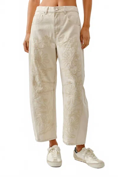 Aaron & Amber Embroidered Detail Barrel Jeans In Beige In Neutral