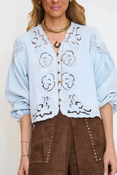 Aaron & Amber Embroidery Volume Sleeve Blouse Top In Light Wash Denim In Blue