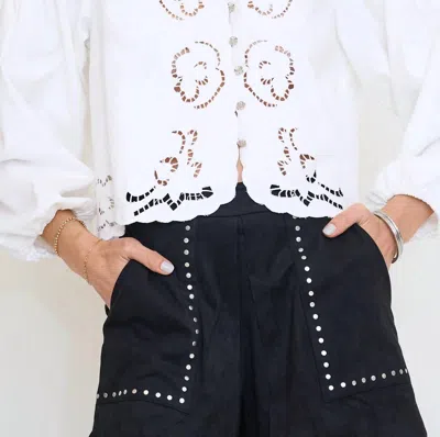 Aaron & Amber Embroidery Volume Sleeve Blouse Top In Off-white In Black