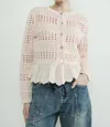 Aaron & Amber Lace Bottom Pointelle Knit Cardigan In Cream