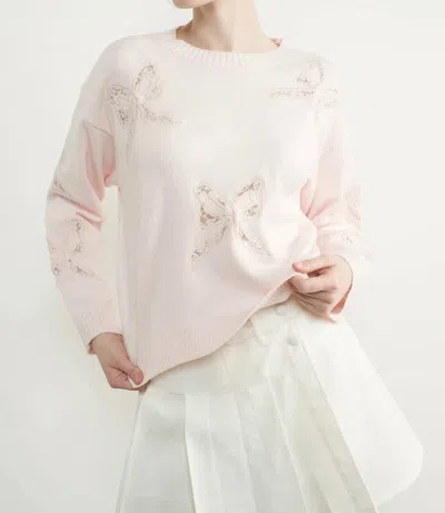 Aaron & Amber Lace Embroidered Round Neck Bow Sweater In Pink