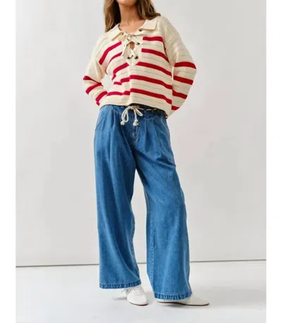 Aaron & Amber Lace Up Relaxed Fit Sweater In Ivory Red In Multi