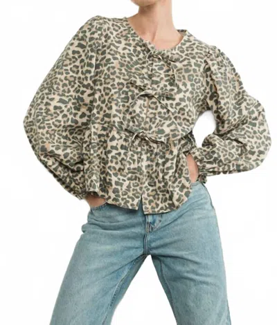 Aaron & Amber Leopard Tie Front Blouse In Animal Print In Green