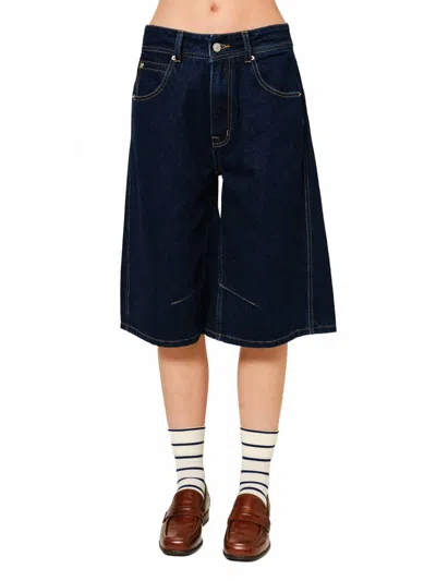 Aaron & Amber Lindy High Waisted Denim Bermuda Barrel Shorts In Dark Wash In Animal Print