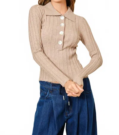 Aaron & Amber Ribbed Knit Polo Top In Taupe In Neutral