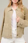 Aaron & Amber Scalloped Hem Denim Jacket In Olive In Green