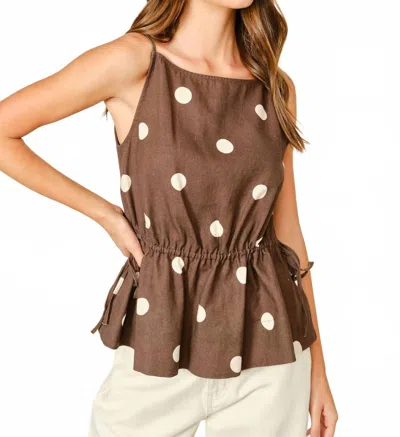 Aaron & Amber Soft Touch Polka Dot Babydoll Waist Top In Brown In Multi