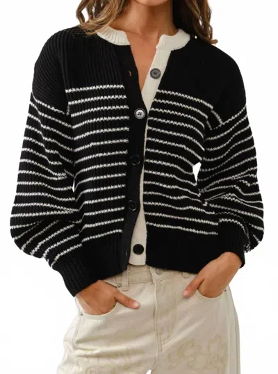 Aaron & Amber Stripe Balloon Sleeve Cardigan In Black/cream