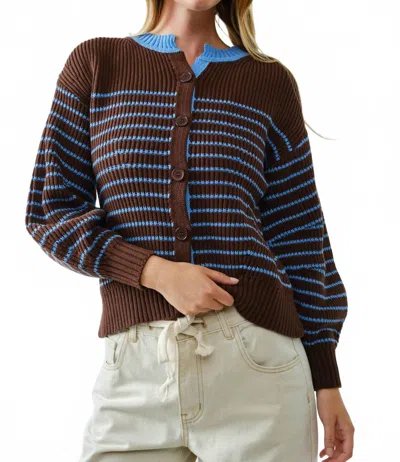 Aaron & Amber Striped Cardigan In Mocha/ Blue In Multi
