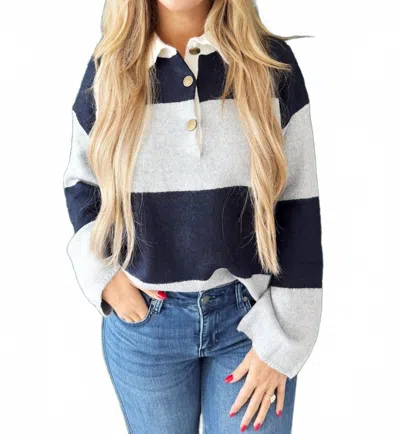 Aaron & Amber Striped Polo Neck Sweater In Navy/grey In Blue