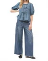 Aaron & Amber Tie Front Peplum Blouse In Denim