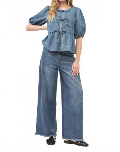Aaron & Amber Tie Front Peplum Blouse In Denim