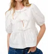 Aaron & Amber Tie Front Peplum Blouse In White Poplin