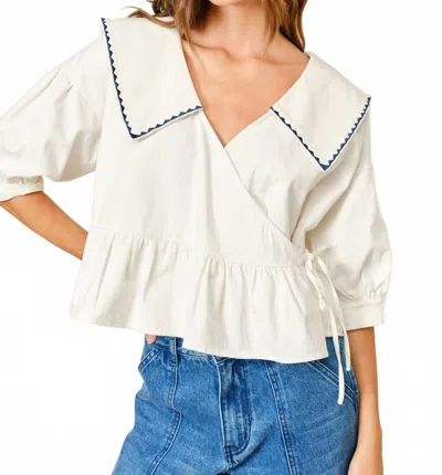 Aaron & Amber Willow Embroidered Sailor Collar Blouse In White