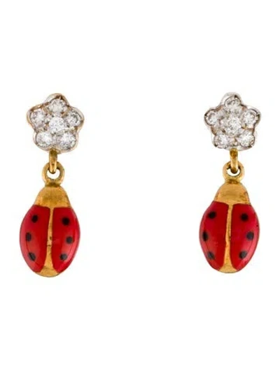 Pre-owned Aaron Basha 18k Diamond & Enamel Ladybug Drop Earrings In Multi