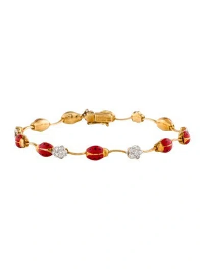 Pre-owned Aaron Basha 18k Diamond & Enamel Ladybug Flower Link Bracelet, 6.75" In Multi