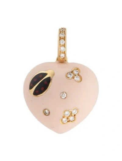 Pre-owned Aaron Basha 18k Diamond & Enamel Puffy Ladybug Heart Charm, 1" In Pink/red
