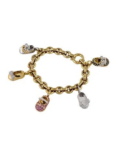 Pre-owned Aaron Basha 18k Diamond & Sapphire Baby Shoe Charm Bracelet, 6.5" In Multi