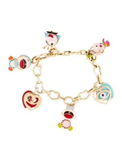Pre-owned Aaron Basha 18k Diamond Bar Heart Link Bracelet W/ 6 Enamel Charms, 5.75" In Multi