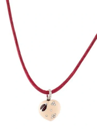 Pre-owned Aaron Basha 18k Diamond, Enamel & Cord Puffy Ladybug Heart Necklace, 20" In Multi