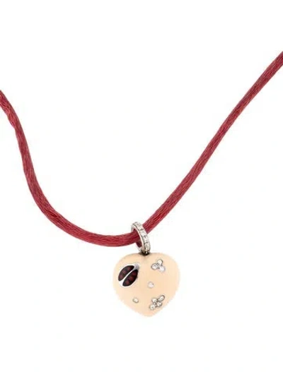 Pre-owned Aaron Basha 18k Diamond, Enamel & Cord Puffy Ladybug Heart Necklace, 20" In Multicolor