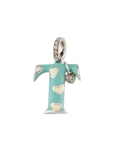 Pre-owned Aaron Basha 18k Enamel & Diamond 't' Initial W/hearts & Hanging Hearts Pendant In Multi