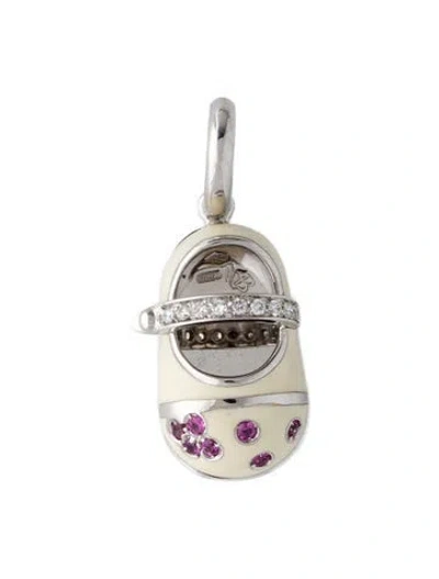 Pre-owned Aaron Basha 18k Enamel, Diamond & Sapphire Baby Shoes Pendant, 1" In White