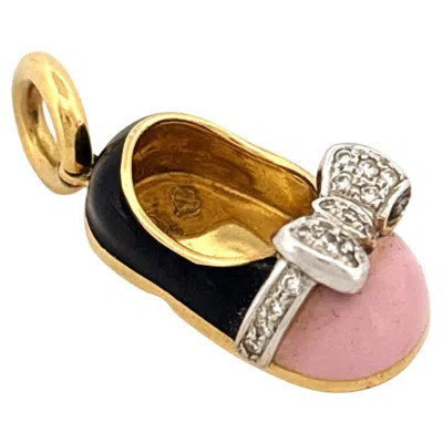 Pre-owned Aaron Basha 18k Gold Baby Shoe Charm With Pink And Black Enamel