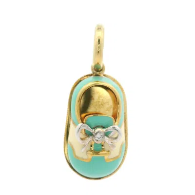 Pre-owned Aaron Basha 18k Gold Diamond Turquoise Cream Enamel Classic Saddle Shoe Pendant In White