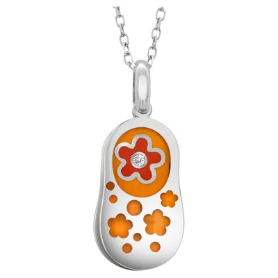 Pre-owned Aaron Basha 18k White Gold Diamond & Orange Enamel Flower Charm Pendant Necklace