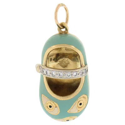 Pre-owned Aaron Basha 18k Yellow Gold Diamond Blue Enamel Evil Eye Baby Shoe Charm Pendant