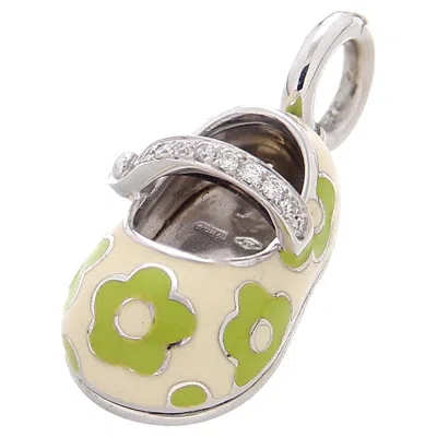 Pre-owned Aaron Basha 18kt White Gold Green Flowers White Diamonds Shoes Pendant