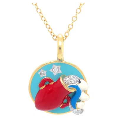 Pre-owned Aaron Basha Aquarius Enamel Diamond Pendant And Chain In 18k Yellow Gold