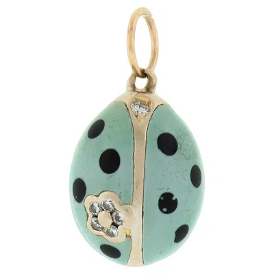 Pre-owned Aaron Basha Arron Basha 18k Gold Diamond W/green & Black Enamel Puffed Ladybug Charm Pendant