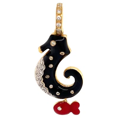 Pre-owned Aaron Basha Diamond Enamel 18k Yellow Gold Seahorse Fish Charm Pendant